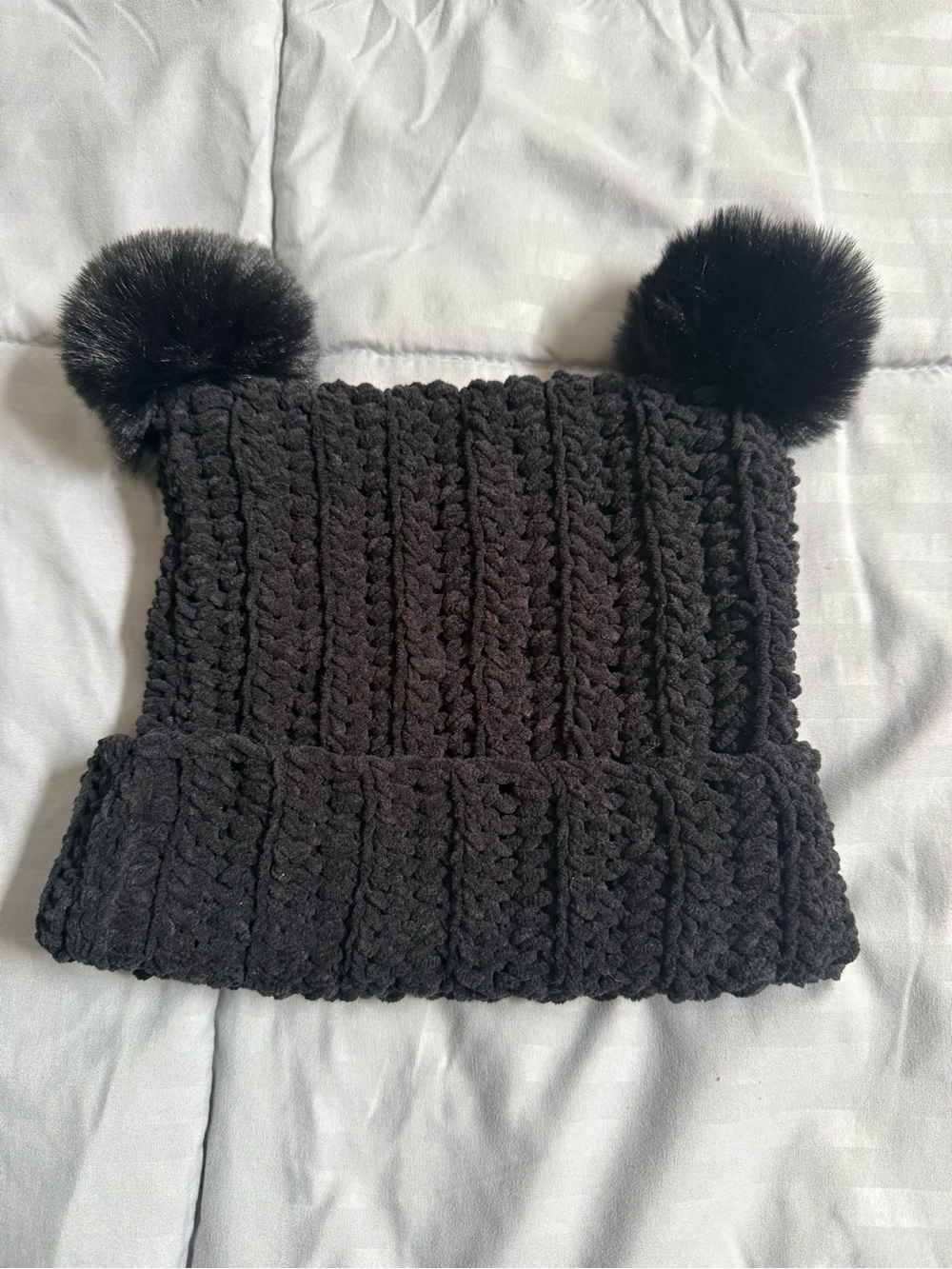 Handmade Crocheted Kids Soft Fur Pom-Pom Beanie Hat - Black